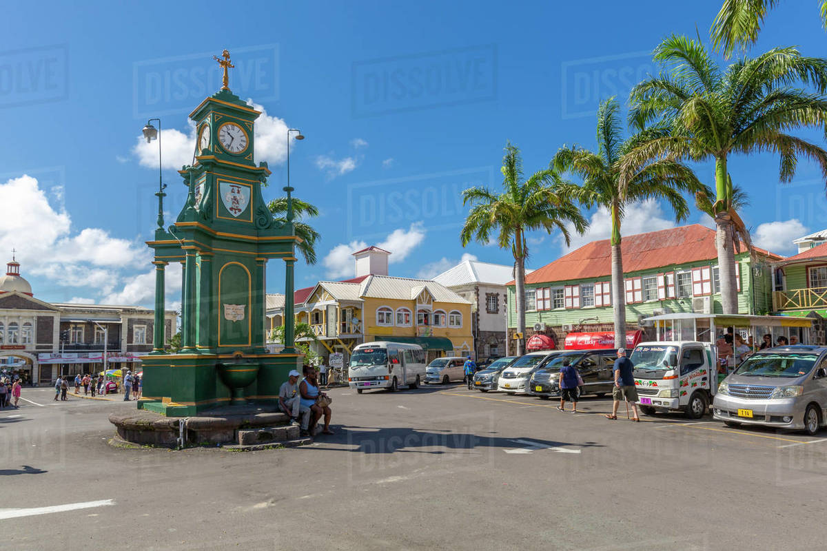 View of The Circus and Memorial Clock, Basseterre, St. Kitts and Nevis, West Indies, Caribbean, Central America Royalty-free stock photo