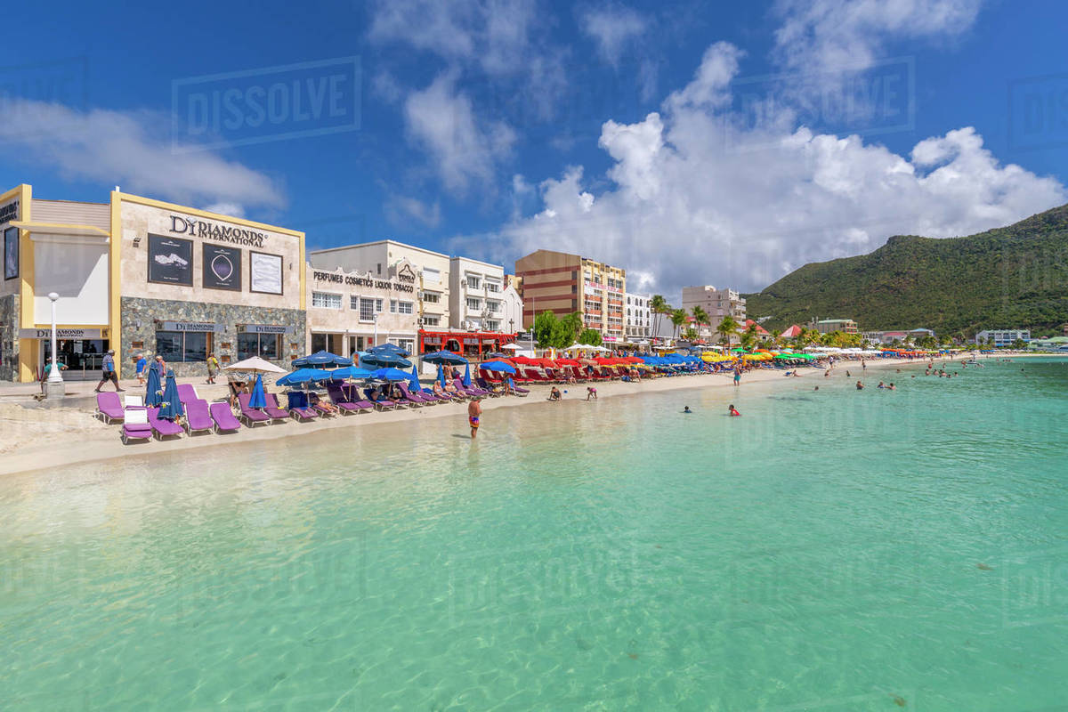 View of beach and turquoise sea at Philipsburg, St. Maarten, Leeward Islands, West Indies, Caribbean, Central America Royalty-free stock photo