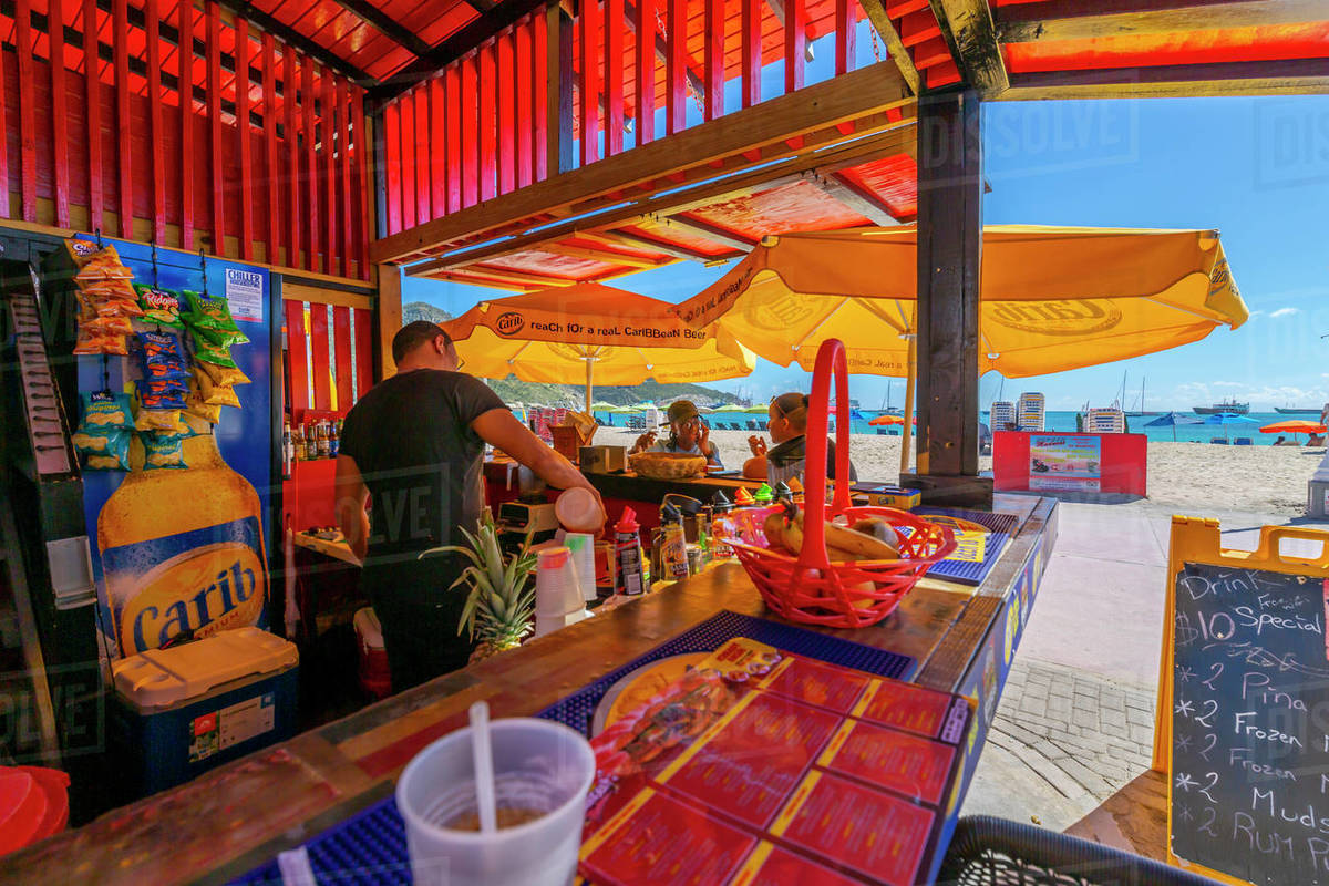 View of beach and Caribbean Sea from beach bar, Philipsburg, St. Maarten, Leeward Islands, West Indies, Caribbean, Central America Royalty-free stock photo