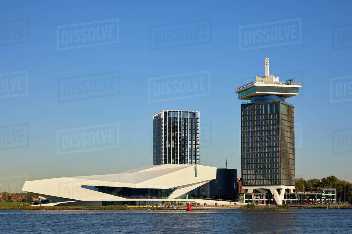 Eye Film Museum and A'dam tower in Amsterdam Noord (North), Amsterdam, North Holland, The Netherlands, Europe Royalty-free stock photo