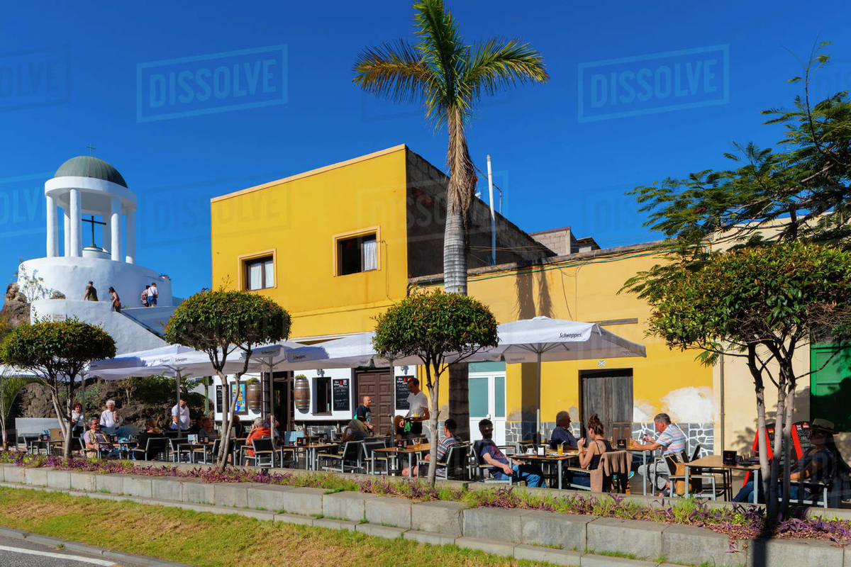 El Penon del Fraile and Cafe, Old Town, Puerto de la Cruz, Tenerife, Canary Islands, Spain, Atlantic Ocean, Europe Royalty-free stock photo