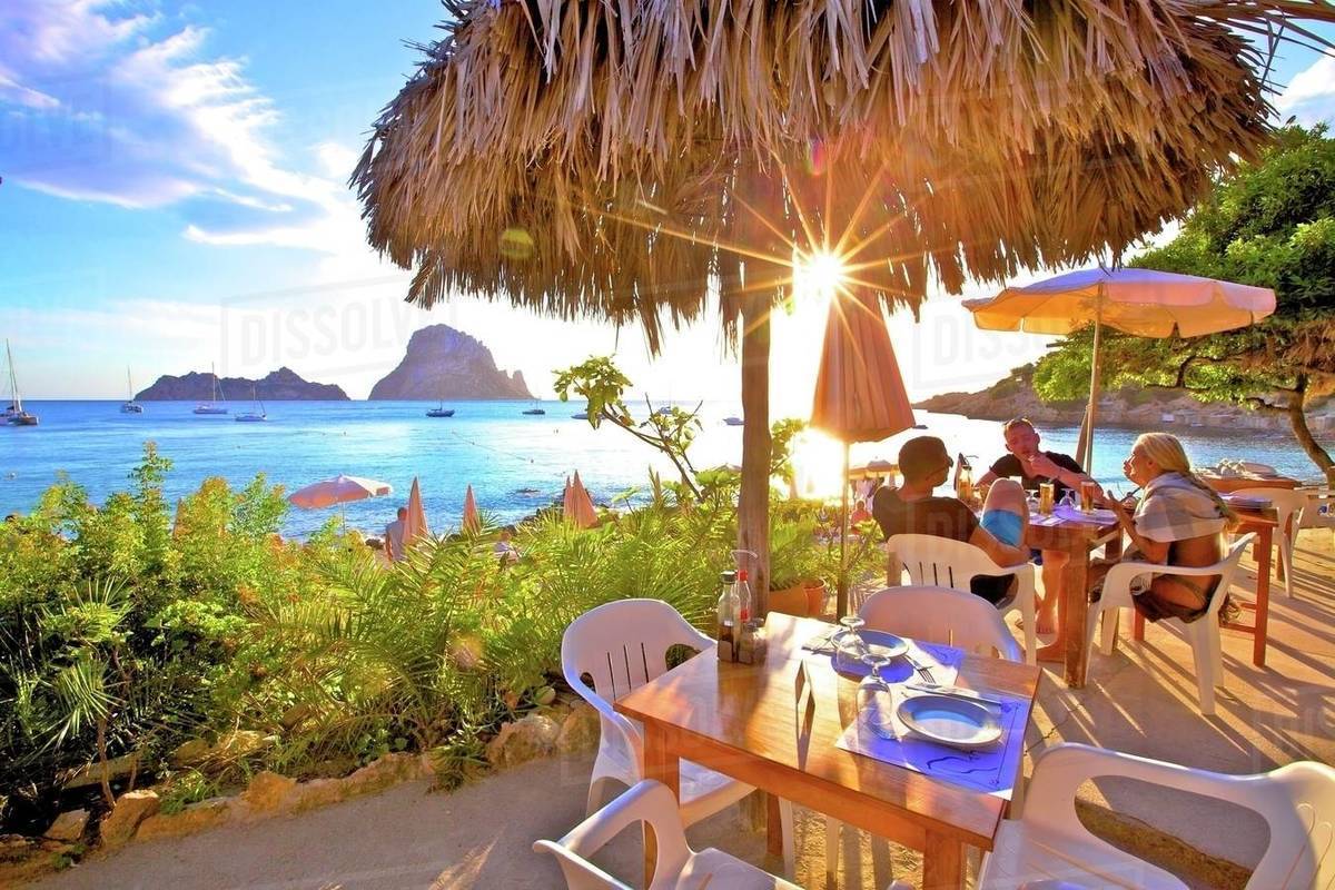 Restaurant at Cala d'Hort with The Island of Es Vedra in the background, Ibiza, Balearic Islands, Spain, Mediterranean, Europe Royalty-free stock photo