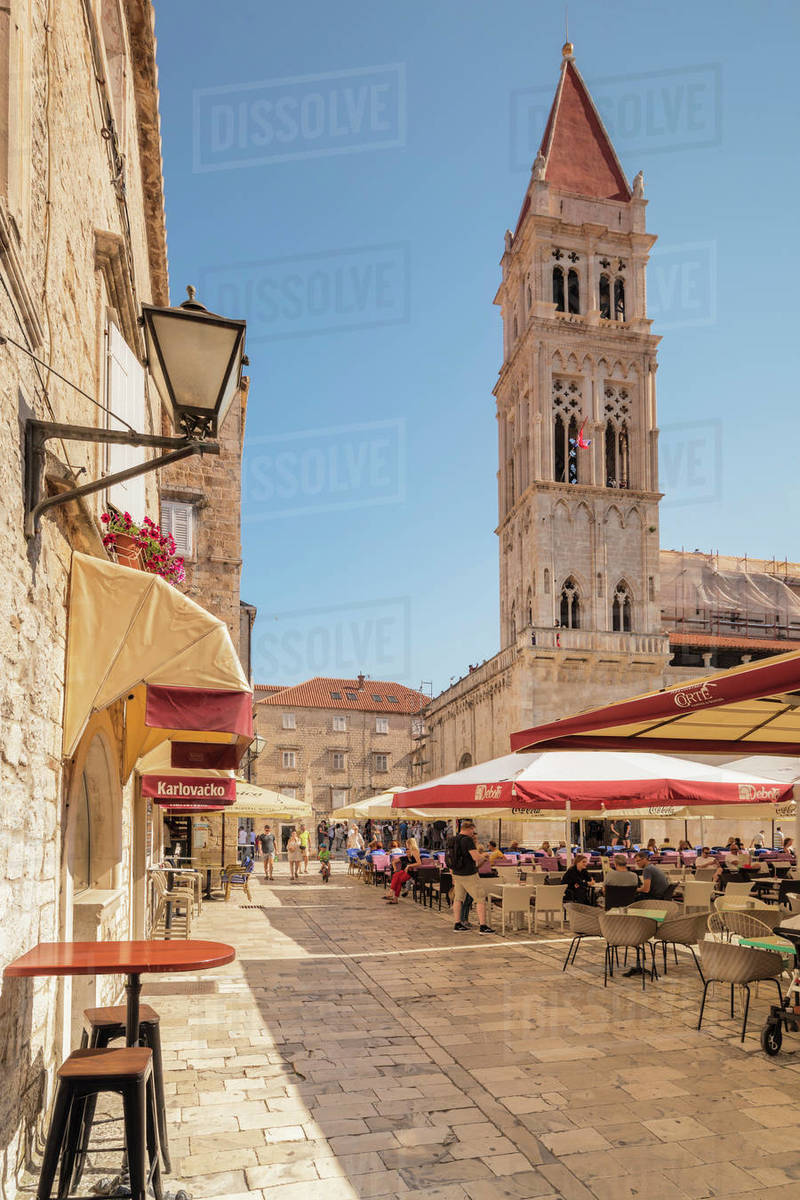 Restaurants and Cafes at Main Square, St. Laurentius Cathedral, Trogir, UNESCO World Heritage Site, Dalmatia, Croatia, Europe Royalty-free stock photo