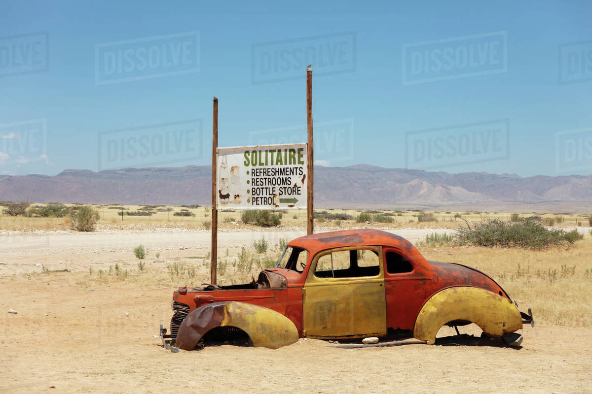 Solitaire is a cool town in the middle of Namibia, full of rusting cars, bikes and disused fuel pumps, Solitaire, Namibia, Africa Royalty-free stock photo