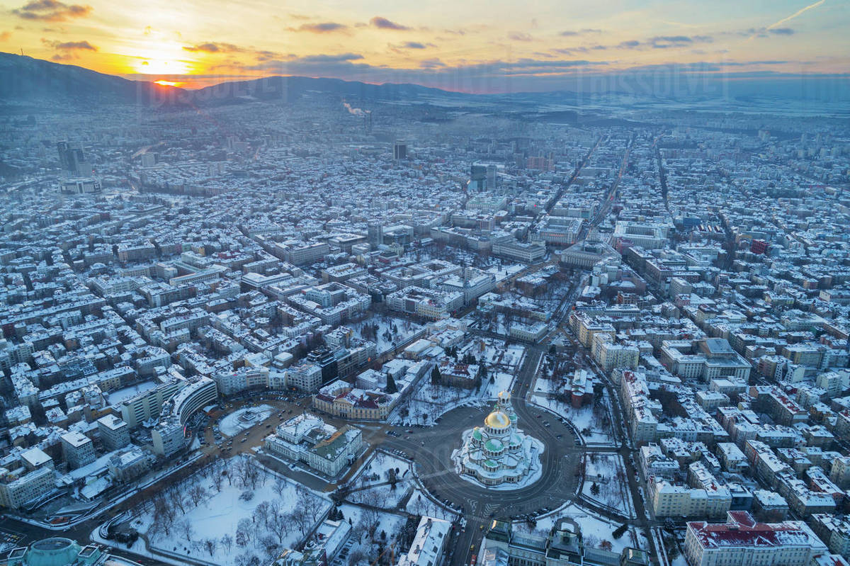 Aerial view of Alexander Nevsky Orthodox Cathedral in winter, Sofia