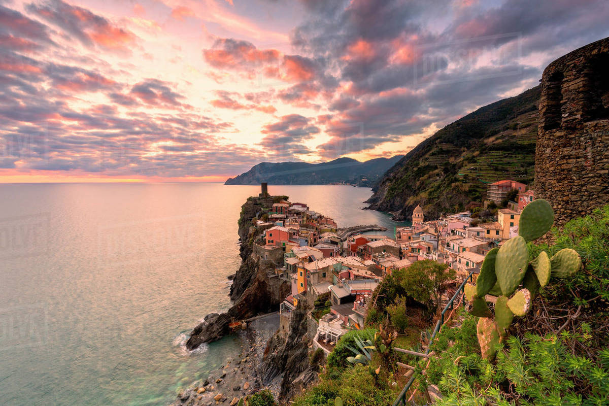 Elevated View Of Vernazza At Sunset Cinque Terre UNESCO World 