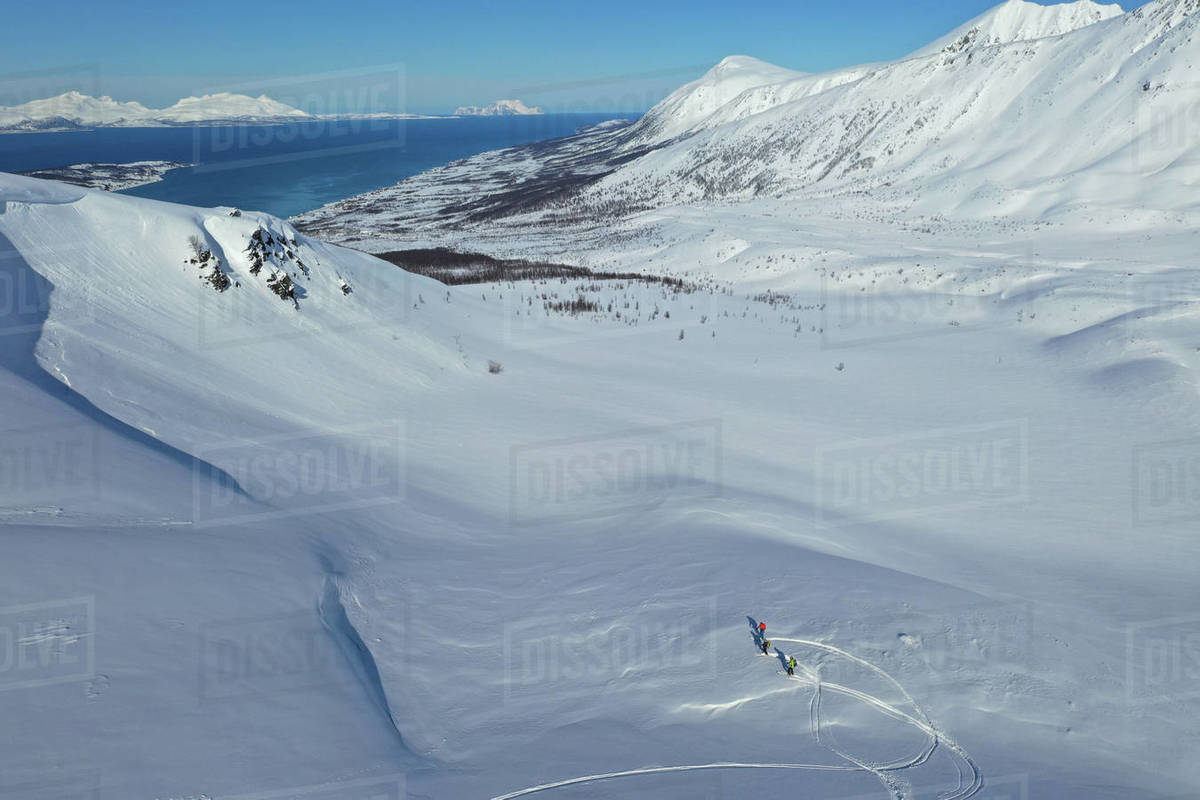 Drone view of Lyngen Alps, Nordlenangen, Lyngen peninsula, Troms County, Norway, Scandinavia, Europe Royalty-free stock photo