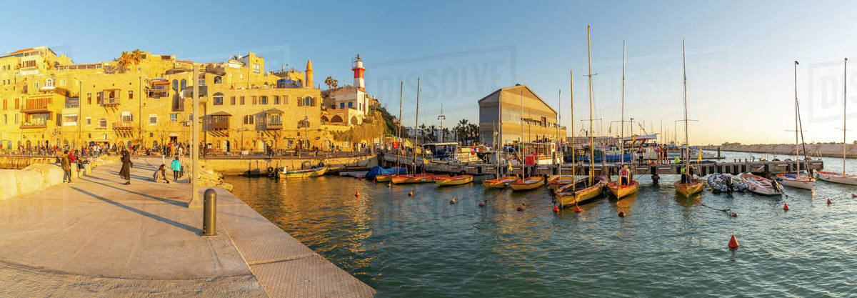 Panoramic view of Jaffa Old Town harbour at sunset, Tel Aviv, Israel, Middle East Royalty-free stock photo