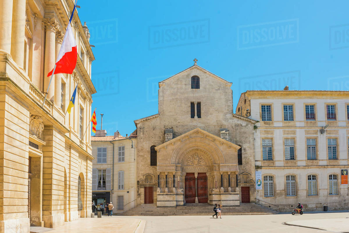 Arles main plaza and Church of St. Trophime, Arles, Bouches du Rhone, Provence, Provence-Alpes-Cote d'Azur, France, Europe Royalty-free stock photo