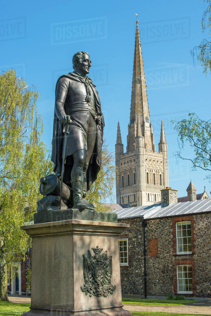 Statue of Wellington and the Spire of Norwich Cathedral, Norwich, Norfolk, East Anglia, England, United Kingdom, Europe Royalty-free stock photo