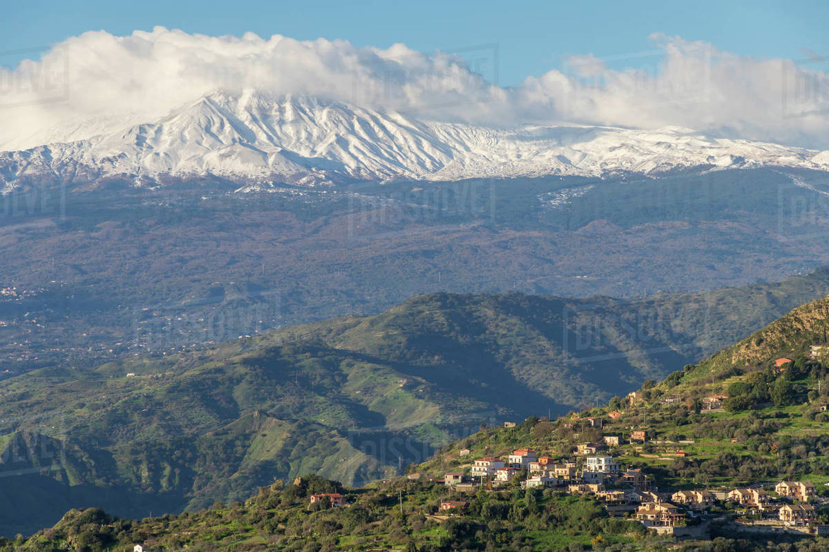 View from Madonna della Rocca church to Mount Etna, Taormina, Sicily, Italy, Europe Royalty-free stock photo