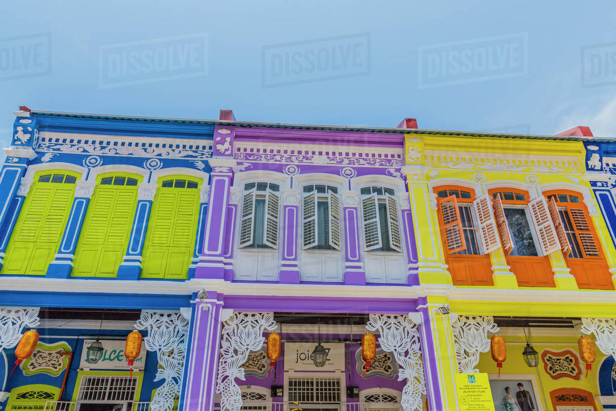 The colourful shop house architecture of Kek Chuan Jalan Road in George Town, Penang Island, Malaysia, Southeast Asia, Asia Rights-managed stock photo