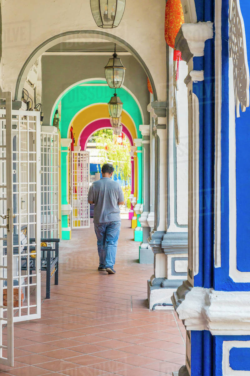 The colourful shop house architecture of Kek Chuan Jalan Road in George Town, Penang Island, Malaysia, Southeast Asia, Asia Rights-managed stock photo