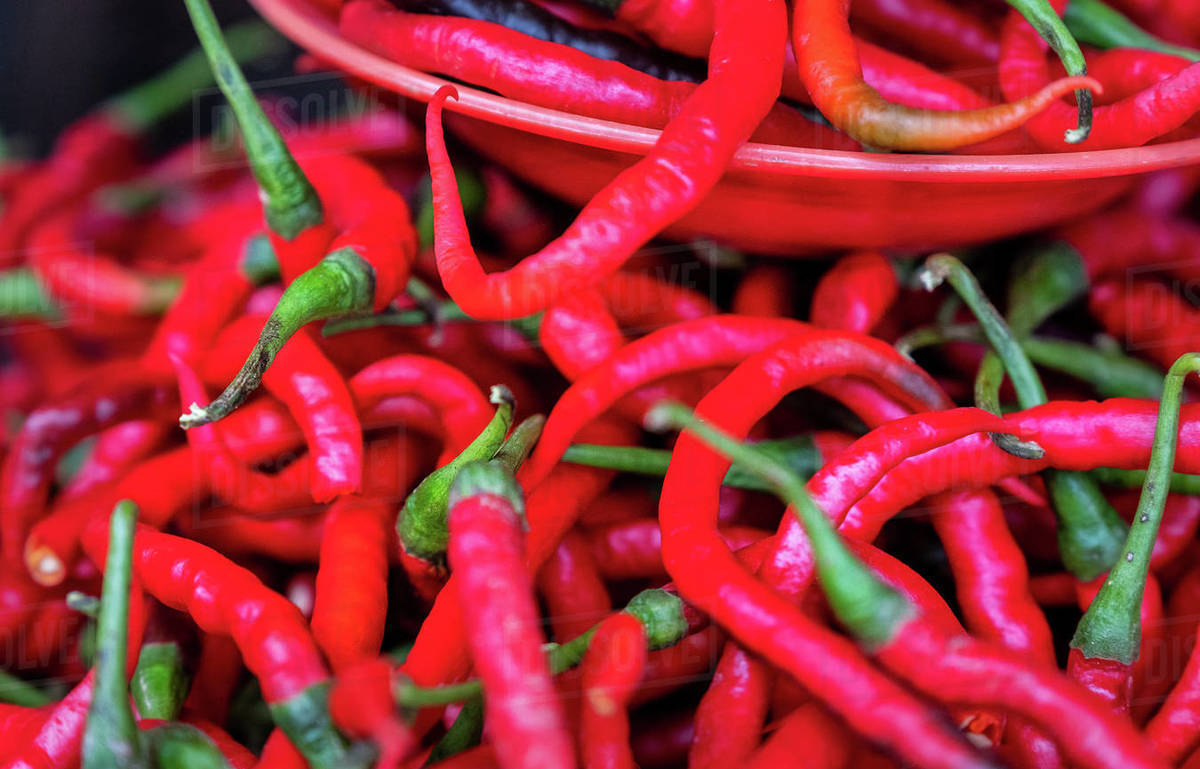 Hot fresh red chilies for sale at market, Togian Islands, Indonesia