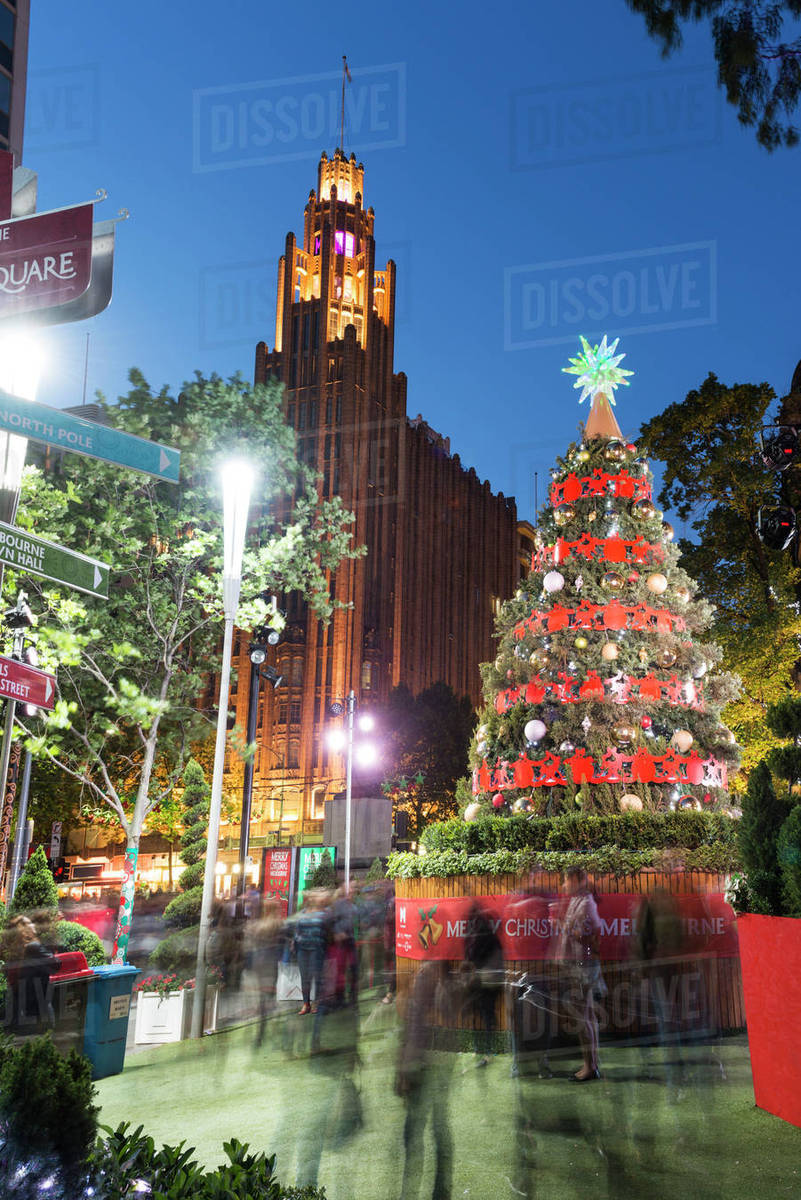 Christmas tree and decorations with Manchester Unity Building at City Square, Melbourne