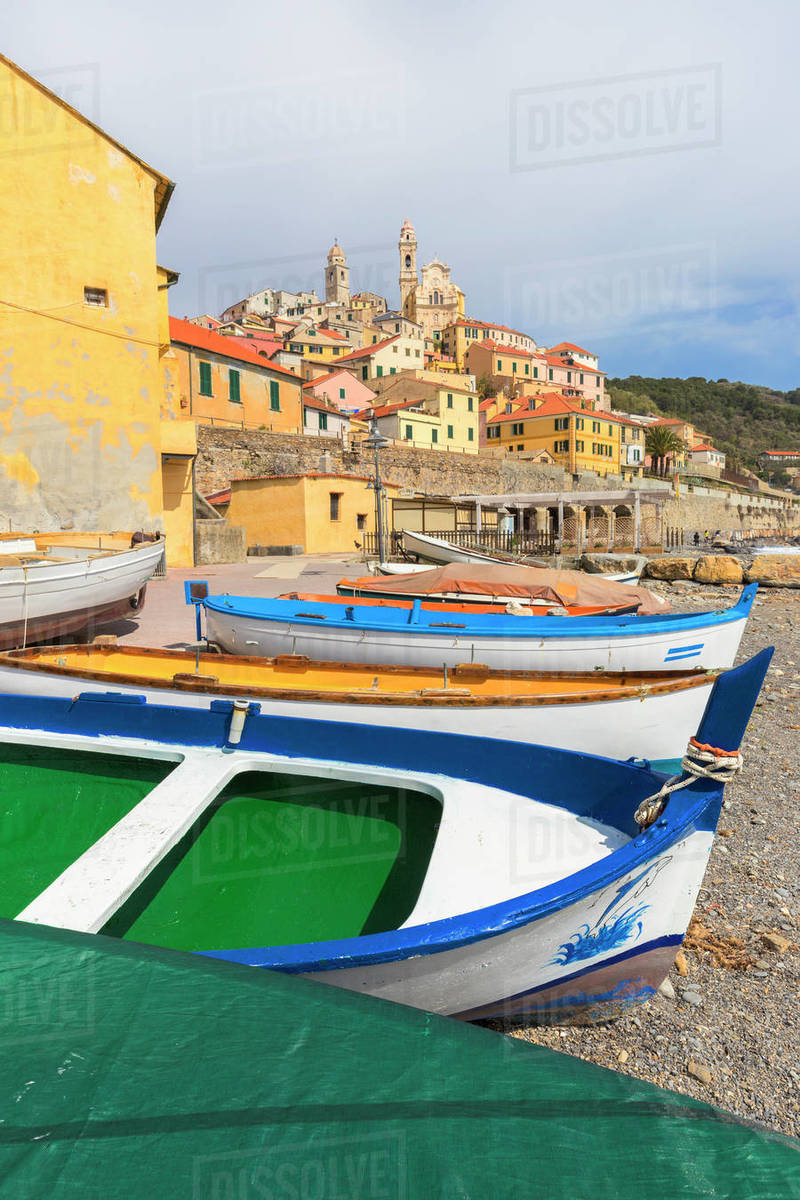 Colourful Boats On The Beach Of Cervo Imperia Province Liguria Colourful Boats On The Beach Of Cervo Imperia Province Liguria Italy Europe