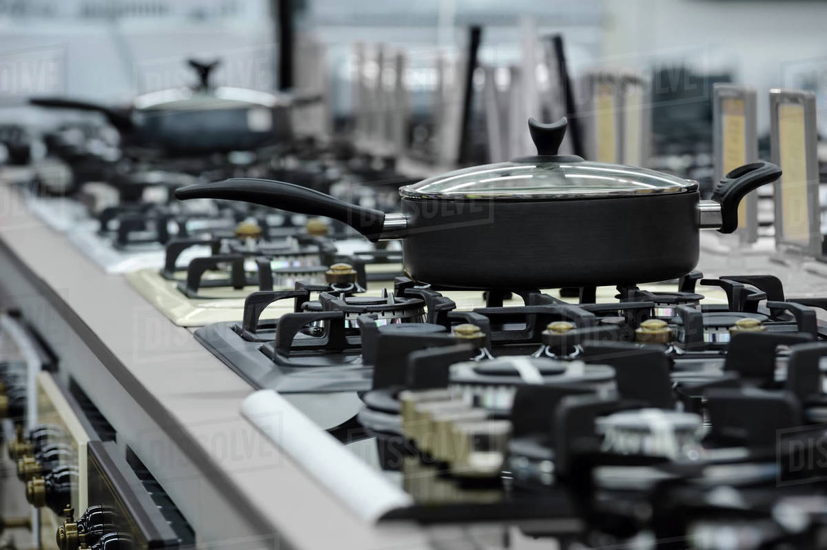 Brand new gas stove panels selling at appliance retail store Stock