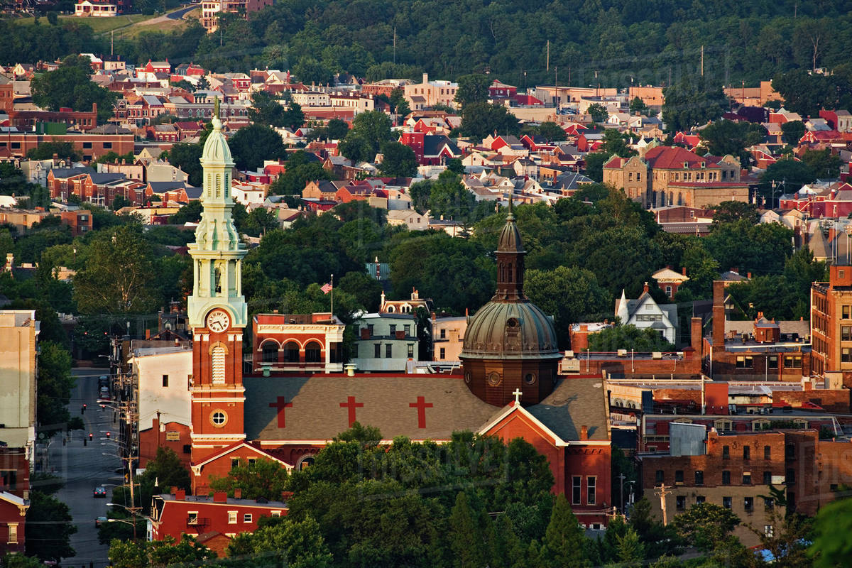 View of historic Covington and church steeple, Kentucky from Devou Park