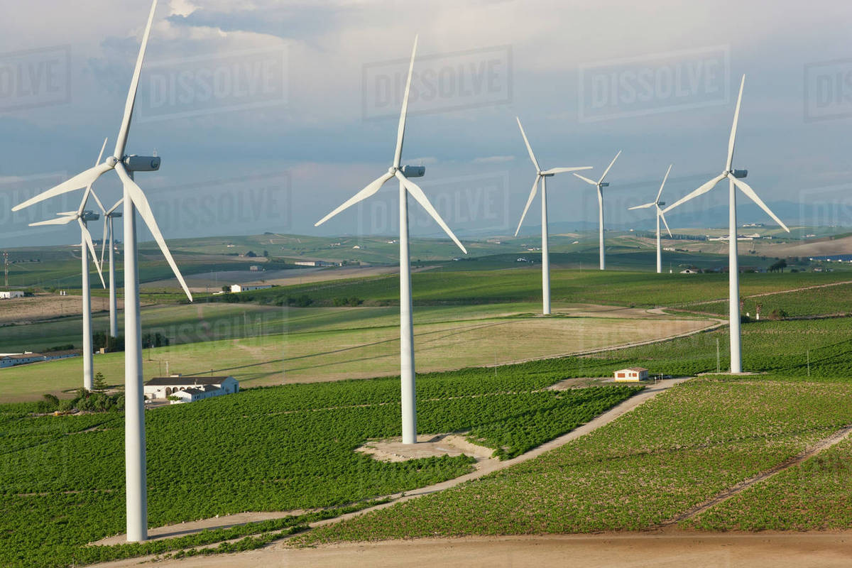 Aerial view of wind turbines, Andalusia, Spain Stock Photo Dissolve
