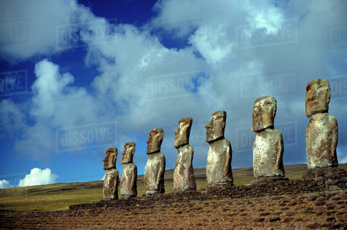South America, Chile, Easter Island. The moai statues at Ahu Akivi on Easter Island, a World