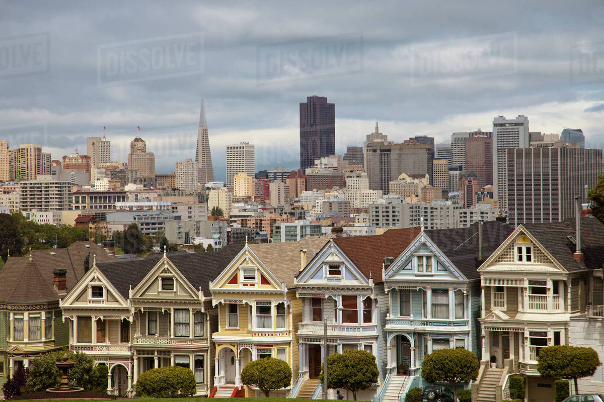 The Pink Ladies Victorian style houses in the Alamo Square district of