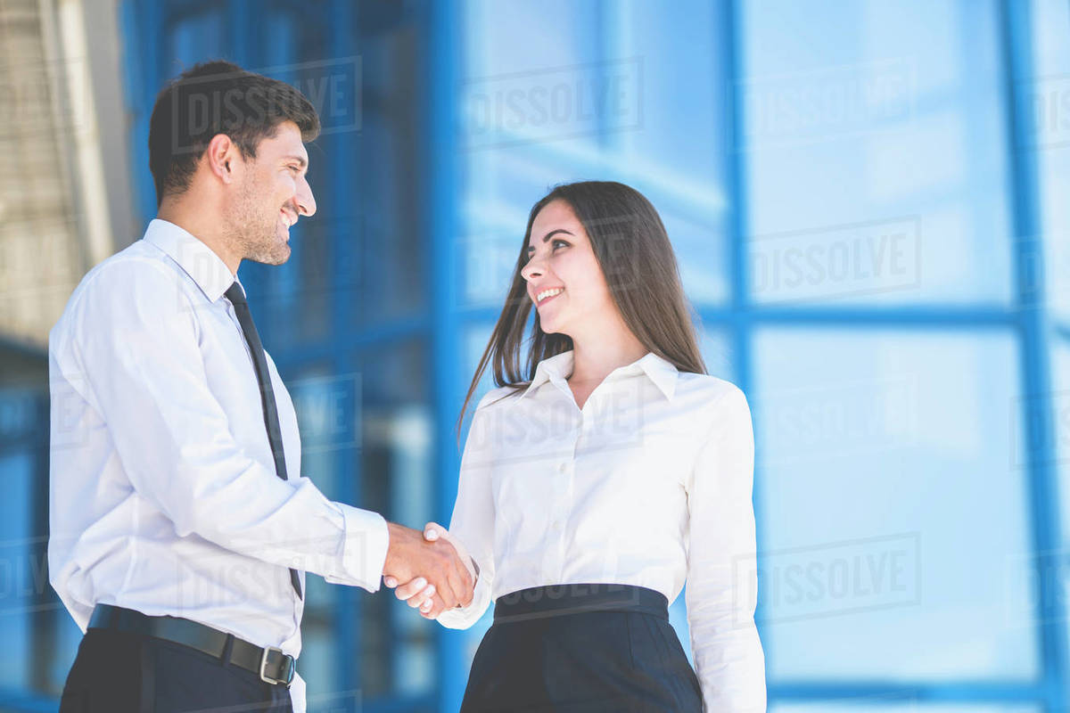 The happy man and woman handshake on the background of the modern ...