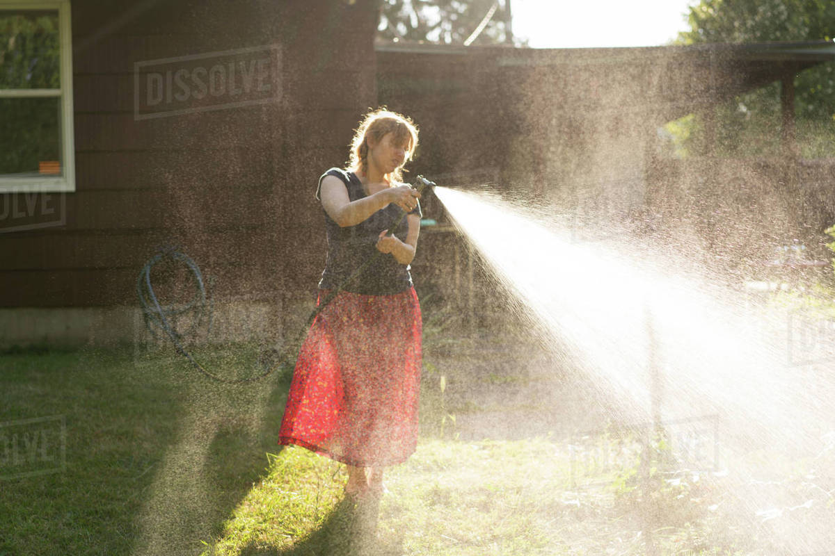Woman spraying garden with water from garden hose Stock Photo Dissolve