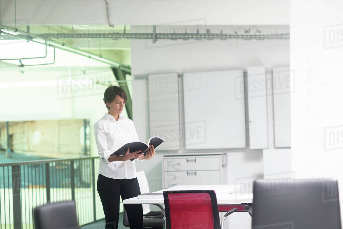 Young Female S Manager Looking At Brochure In Office Furniture Stock Photo