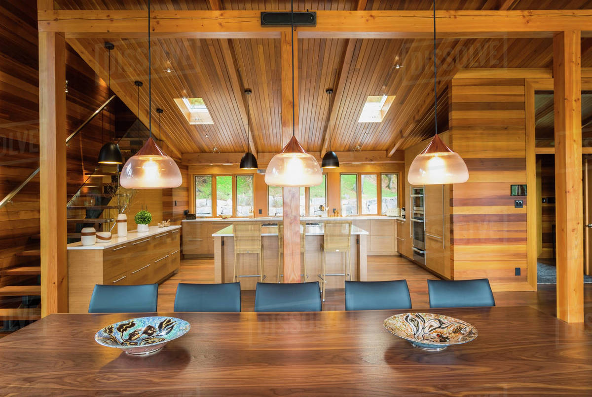Dining Table Inside Luxurious Cedar Wood Home Stock Photo Dissolve