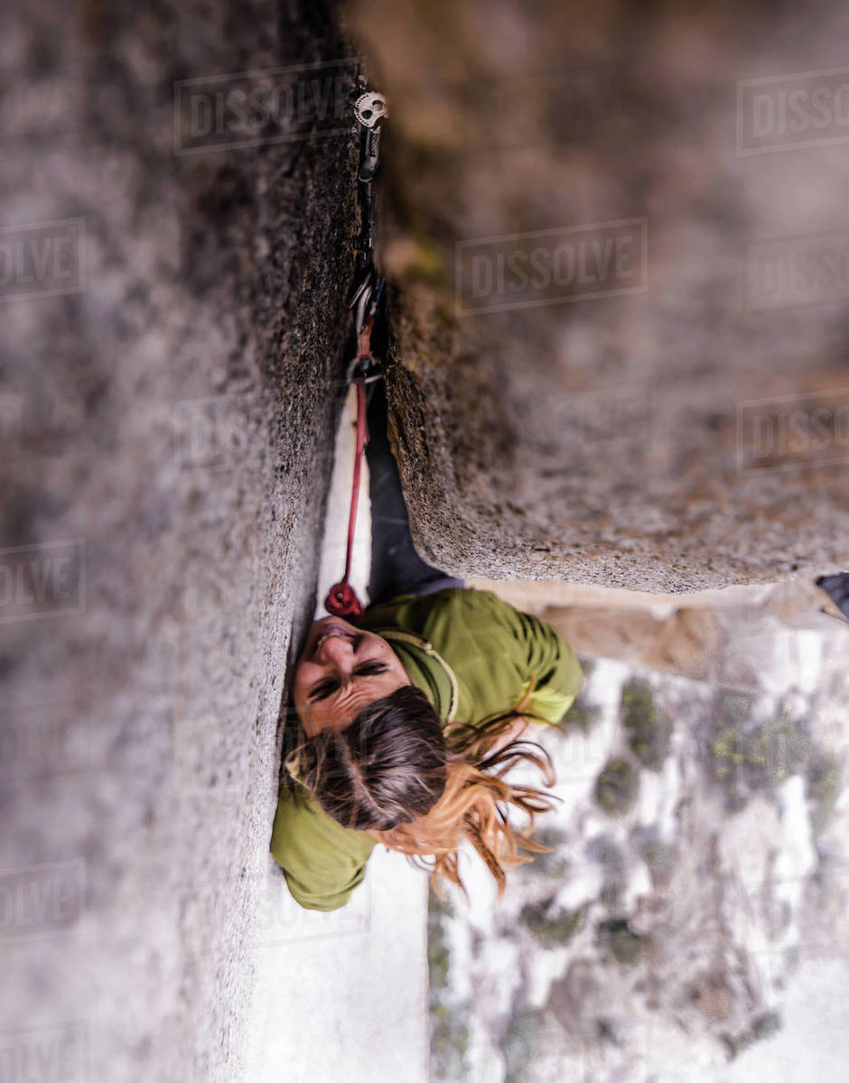 Climber trad climbing, Pine Creek, Bishop, California, USA Royalty-free stock photo