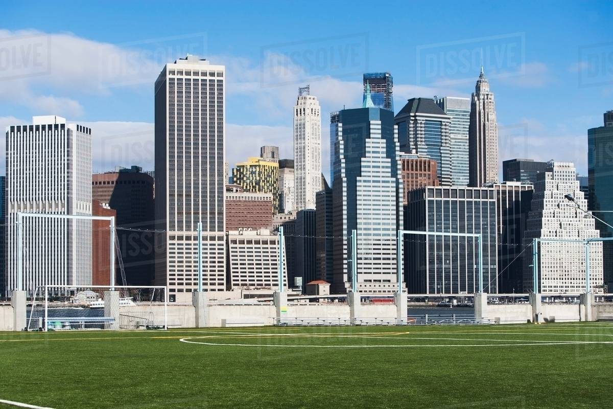 Soccer fields and Lower Manhattan skyline, New York City, USA Stock