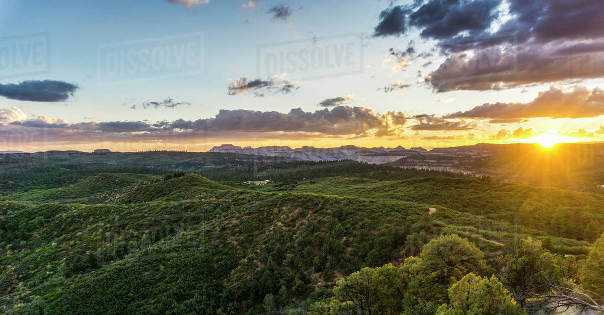 Aerial view of Mount Carmel at sunset, Utah, USA Stock Photo Dissolve