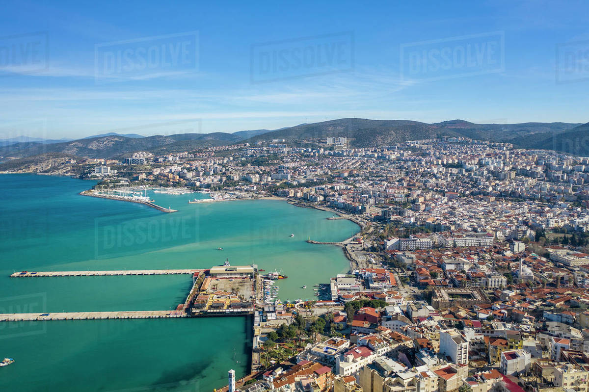 Turkey, Aydin, Kusadasi, Aerial view of sea and city - Stock Photo ...
