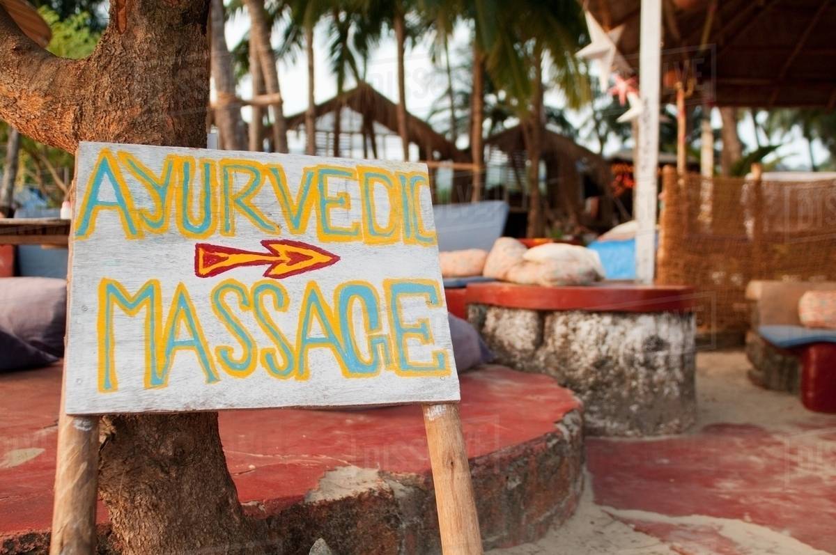 Ayurvedic massage sign, Goa Stock Photo Dissolve