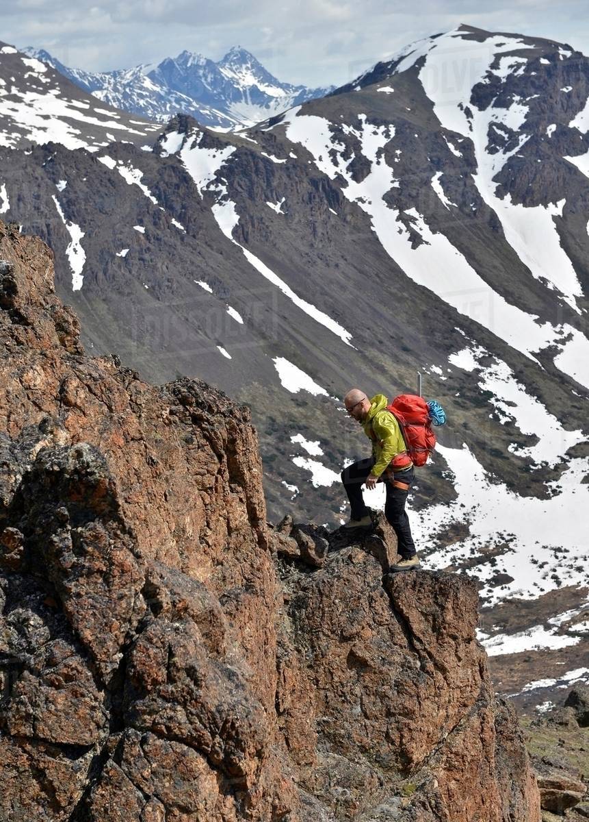 Male Mountain Climber Climbing Steep Mountain Chugach State Park Anchorage Alaska Usa Stock Photo Dissolve