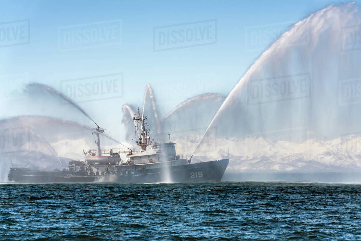KAMCHATKA, RUSSIA APR 27, 2019 Firefighting and rescue ship of