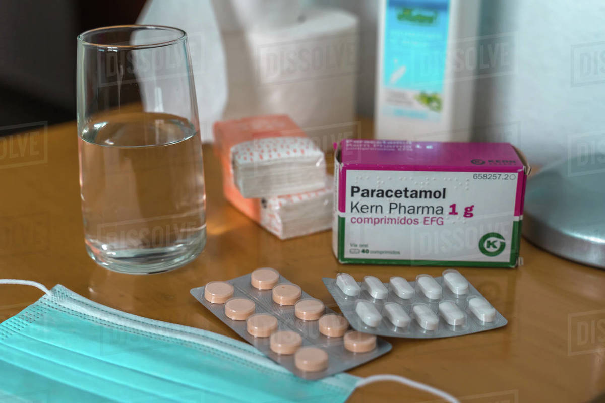 Paracetamol pills, glass of water, Sanitizing Gel, tissues and medical