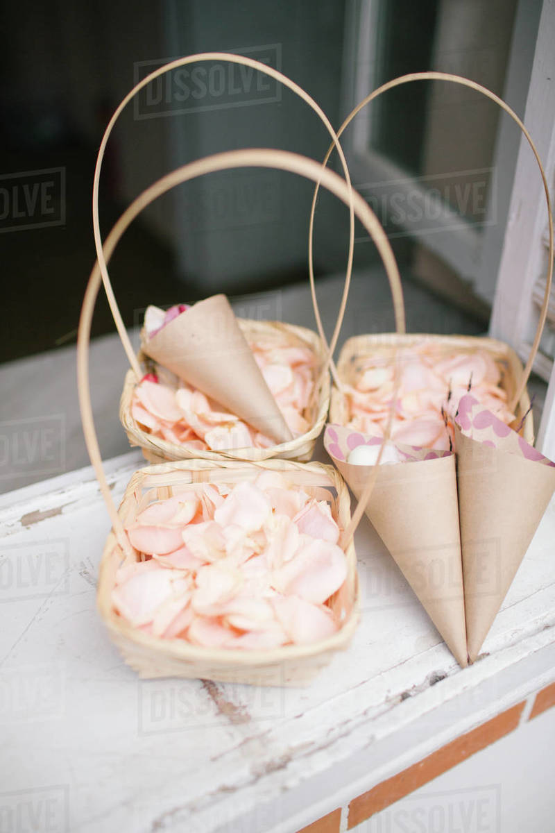 Rose petals for wedding ceremony. Wedding day and wedding preparations