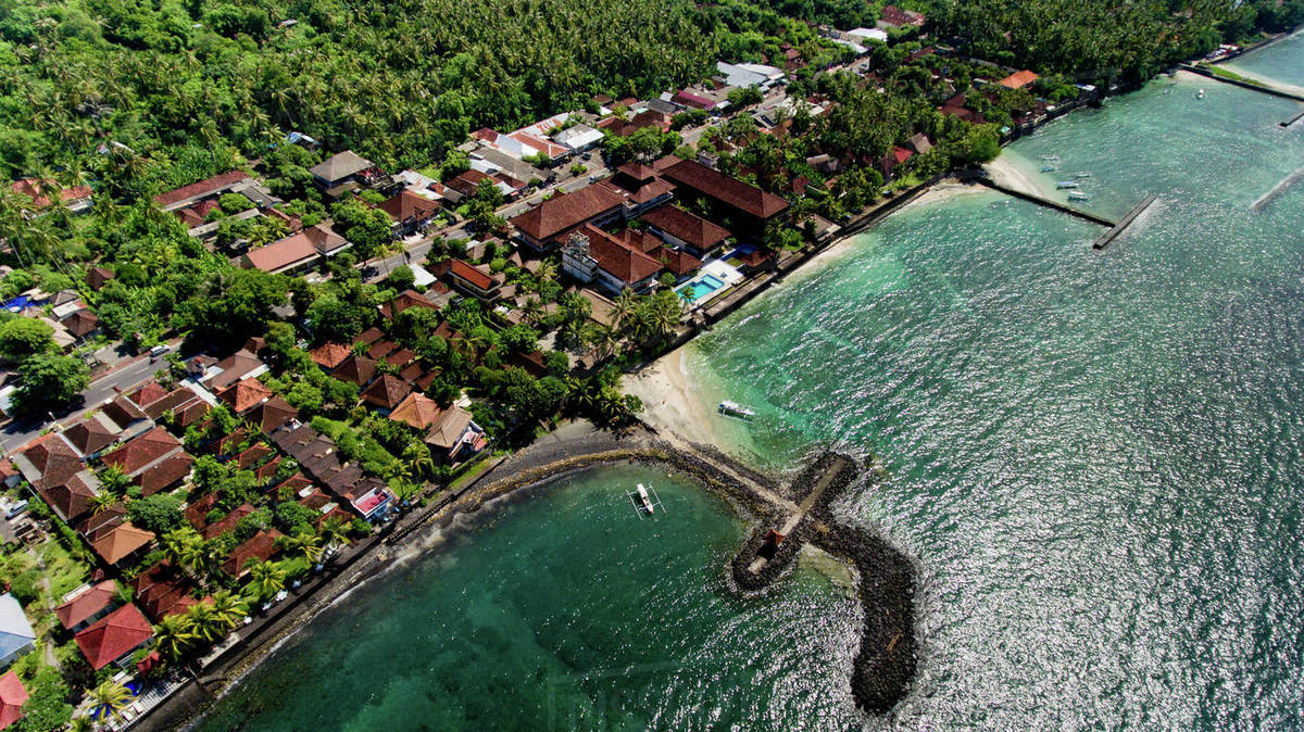 Aerial view of the beautiful bay in Candidasa Beach, Bali, Indonesia