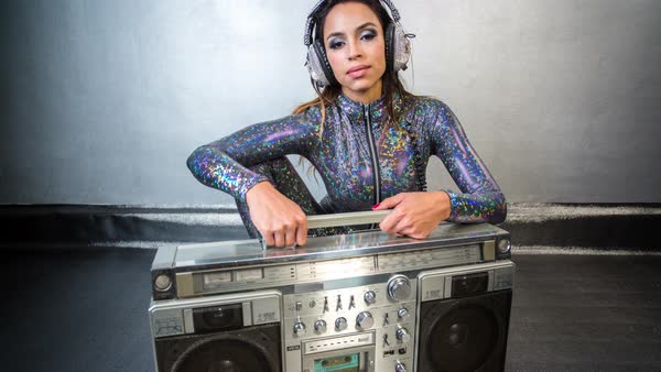 Sexy Cool Woman Posing With Different Changing Vintage Radios And Ghettoblasters Royalty Free Stock Video Sexy Cool Woman Posing With Different Changing Vintage Radios And Ghettoblasters Royalty Free Stock Video