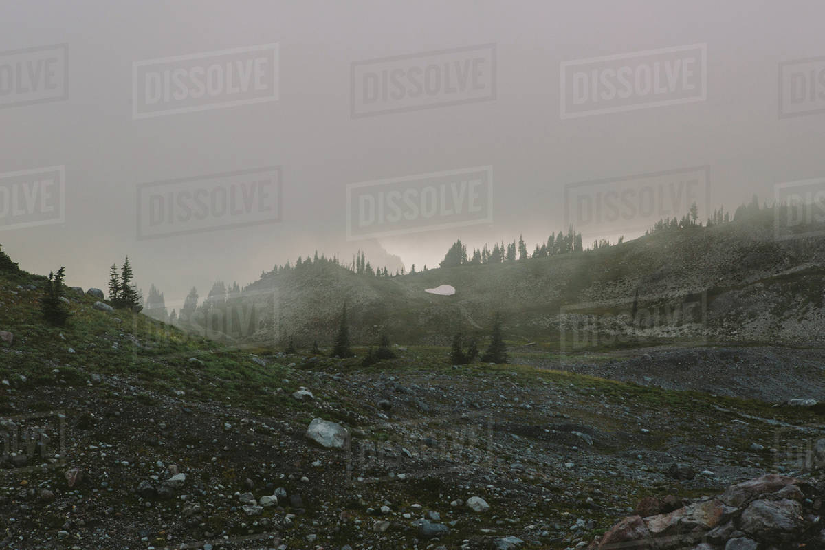 Barren mountainside covered in a blanket of fog Stock Photo Dissolve