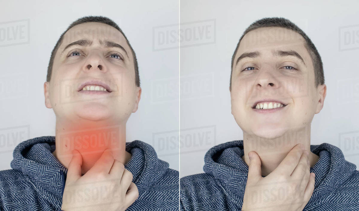 Before and after. On the left, the man indicates a sore throat, and on