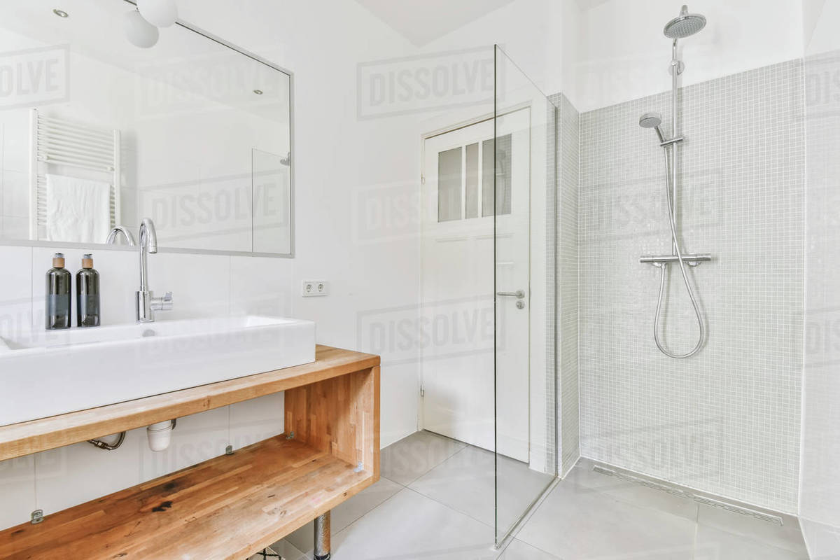 Stylish and modern bathroom with rectangular large sink Stock Photo
