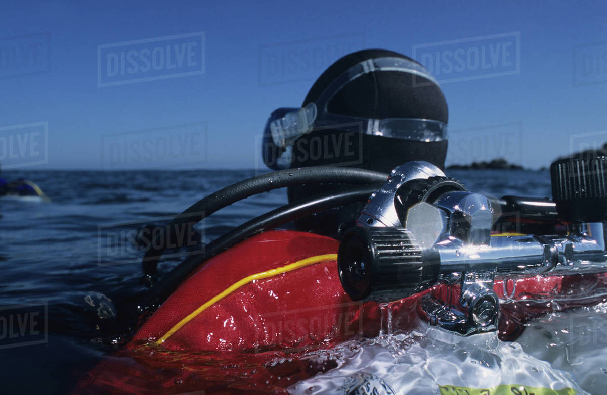 Scuba diver with twin tanks on surface, Anacapa Island, Channel Islands