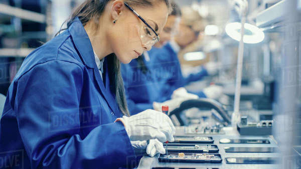 Female Electronics Factory Workers in Blue Work Coat and Protective ...