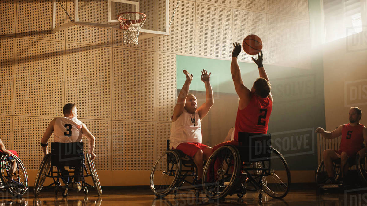 Wheelchair Basketball Game Court Players Competing, Dribbling