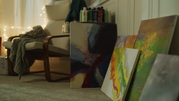 Abstract Multi Color Paintings On Floor In Art Studio Stock Abstract Multi Color Paintings On Floor