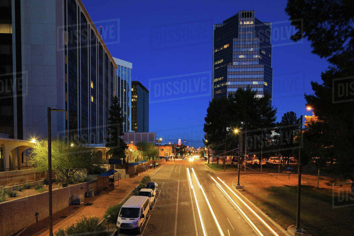 The Tucson city center at night with traffic Royalty-free stock photo