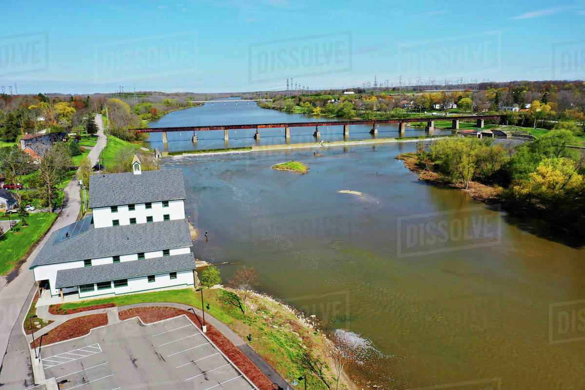 An aerial along the Grand River at Caledonia, Ontario, Canada Stock