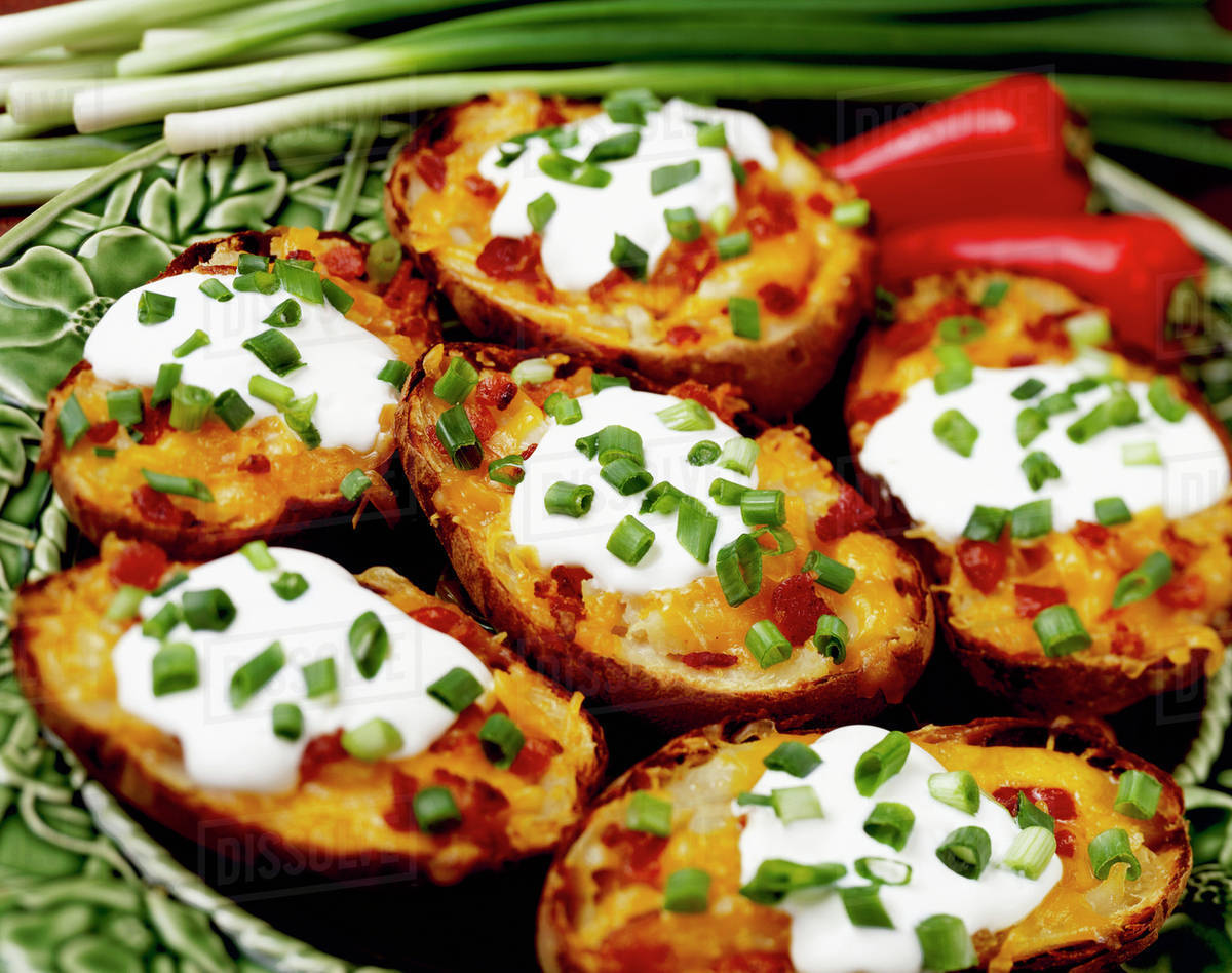 Food Twicebaked Potatoes with Bacon, garnished with chopped green